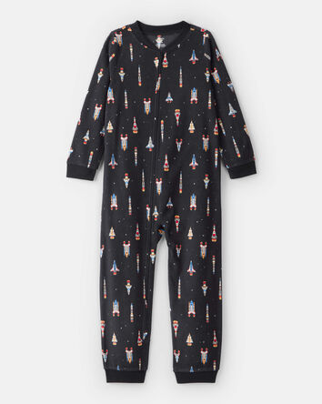 Boys Rocket Ship Print Fleece Long-Sleeve Loose Fit 1-Piece Pajamas - Black, 