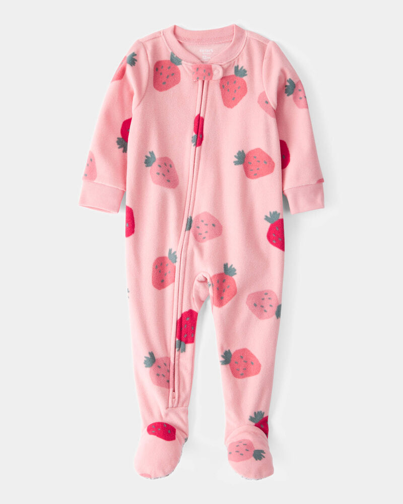 Baby Girl 1-Piece Strawberry Fleece Footie Pajamas - Pink, image 1 of 3 slides