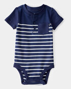 Baby Ribbed Striped Button Down  Short-Sleeve Bodysuit - Navy, image 1 of 3 slides