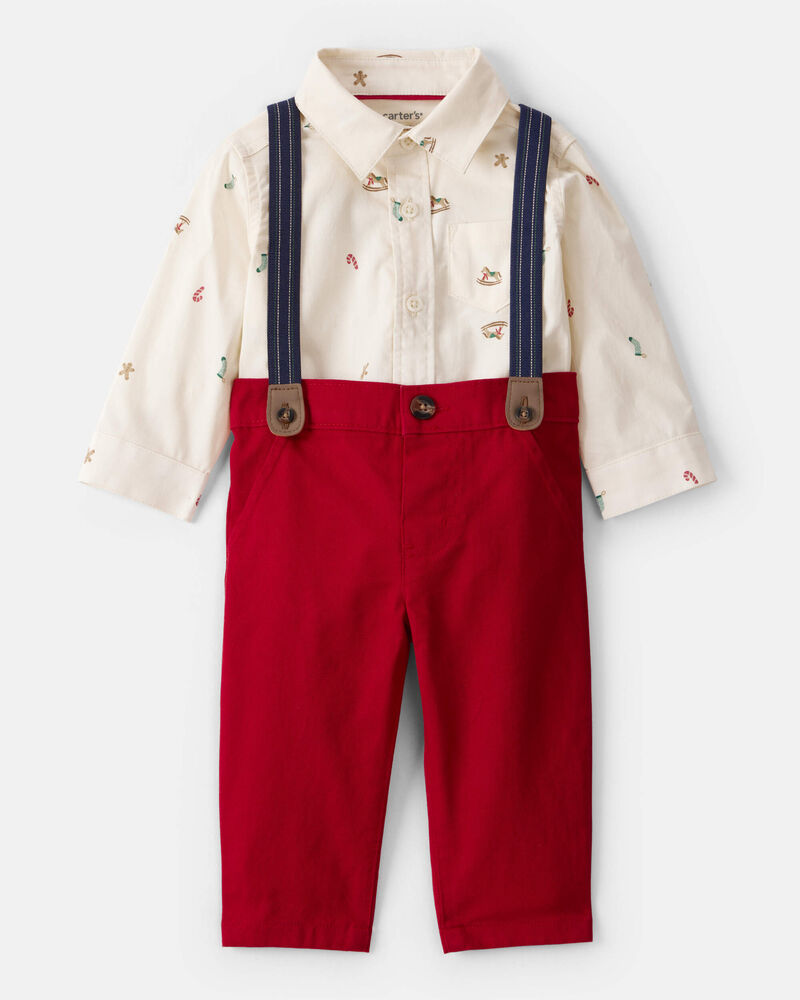 Baby Boy 3-Piece Holiday Print Cotton Long-Sleeve Shirt & Suspender Pant Set - Red/White, image 1 of 6 slides