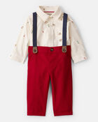 Baby Boy 3-Piece Holiday Print Cotton Long-Sleeve Shirt & Suspender Pant Set - Red/White, image 1 of 6 slides