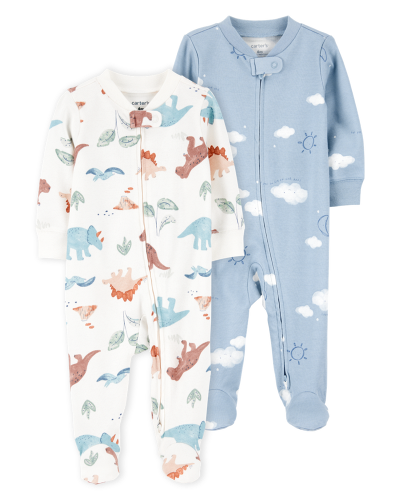 Baby 2-Pack  Cotton 2-Way Zip Sleep & Play Pajamas - Blue/Ivory, image 1 of 5 slides