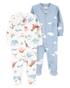 Baby 2-Pack  Cotton 2-Way Zip Sleep & Play Pajamas - Blue/Ivory, image 1 of 5 slides