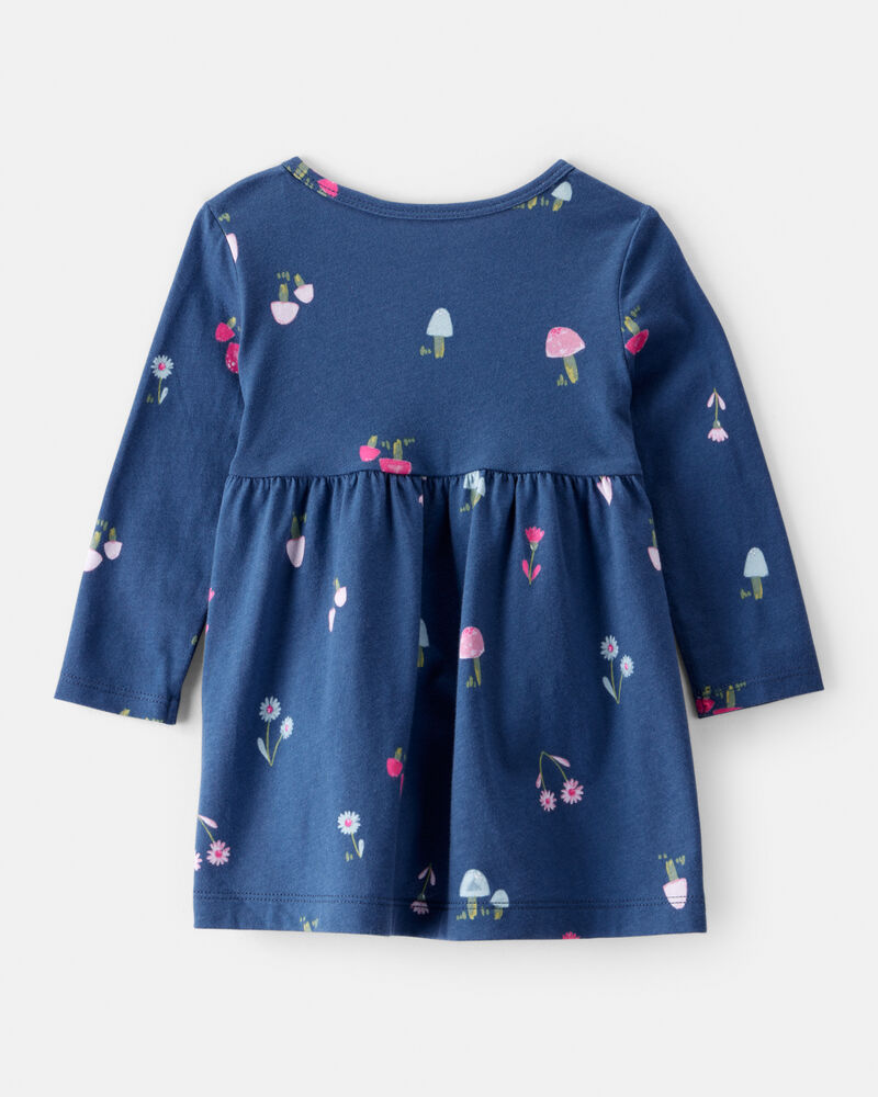 Baby Girl Mushroom Print Long-Sleeve Cotton Dress - Blue, image 2 of 4 slides