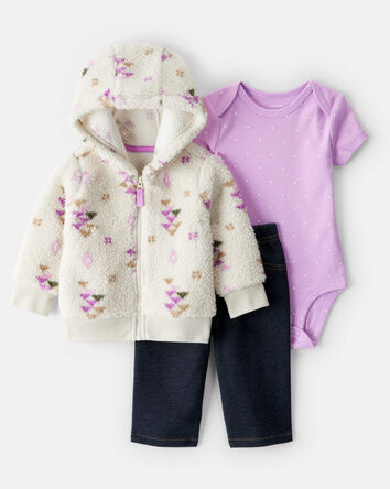 Baby Girl 3-Piece Aztec Sherpa Cardigan Outfit Set, 