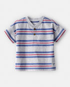 Baby Boy Striped Short-Sleeve Henley Tee - Grey, image 1 of 3 slides