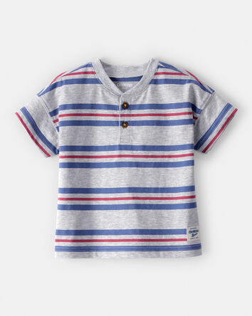 Baby Boy Striped Short-Sleeve Henley Tee - Grey, 