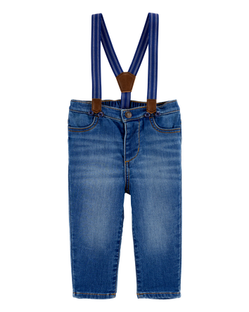 Baby Knit-Denim Suspender Pants, 