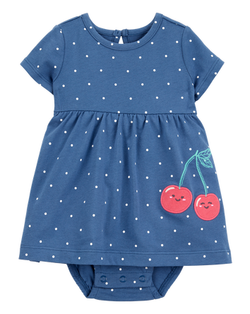 Baby Girl Cherry Bodysuit Dress - Blue, 