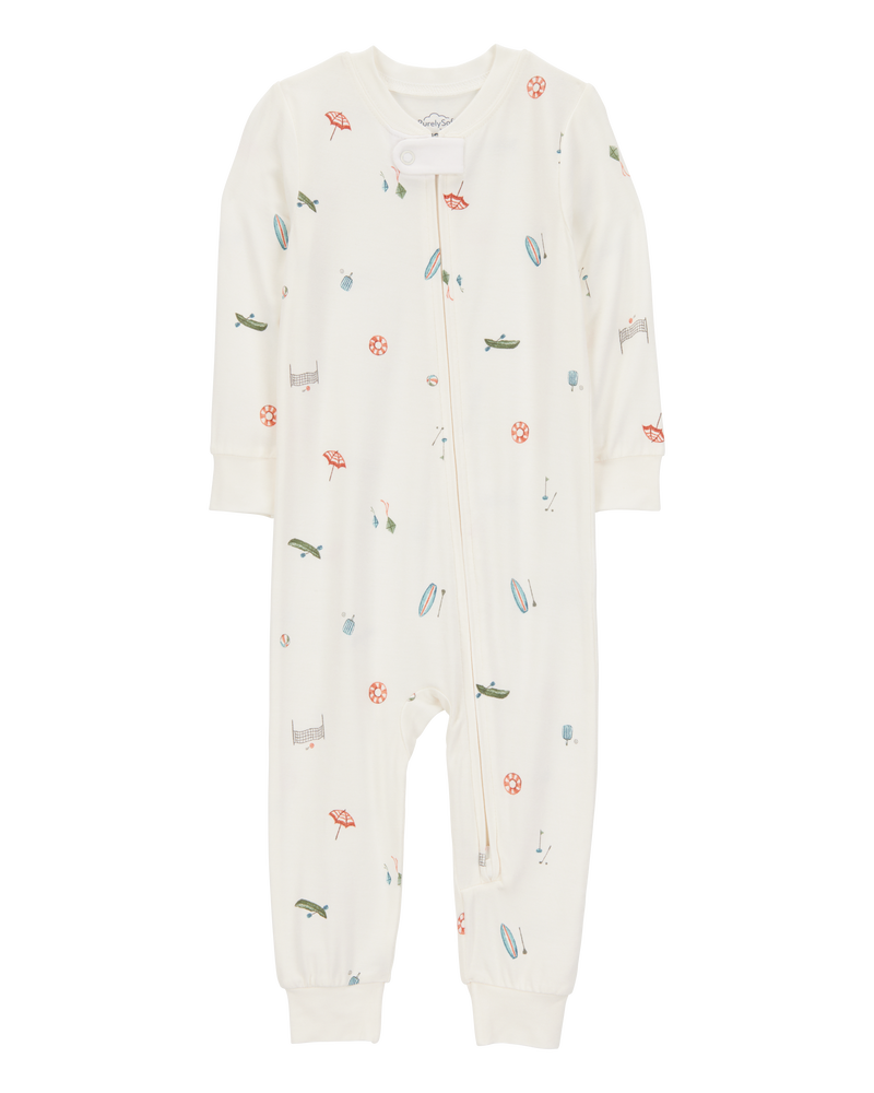 Baby Camp Print Zip-Up PurelySoft Footless 1-Piece Pajamas - Ivory, image 1 of 5 slides