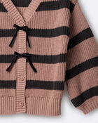 Toddler Girl Striped Puff-Sleeve Cardigan with Bows - Mocha Brown/Black, image 6 of 6 slides