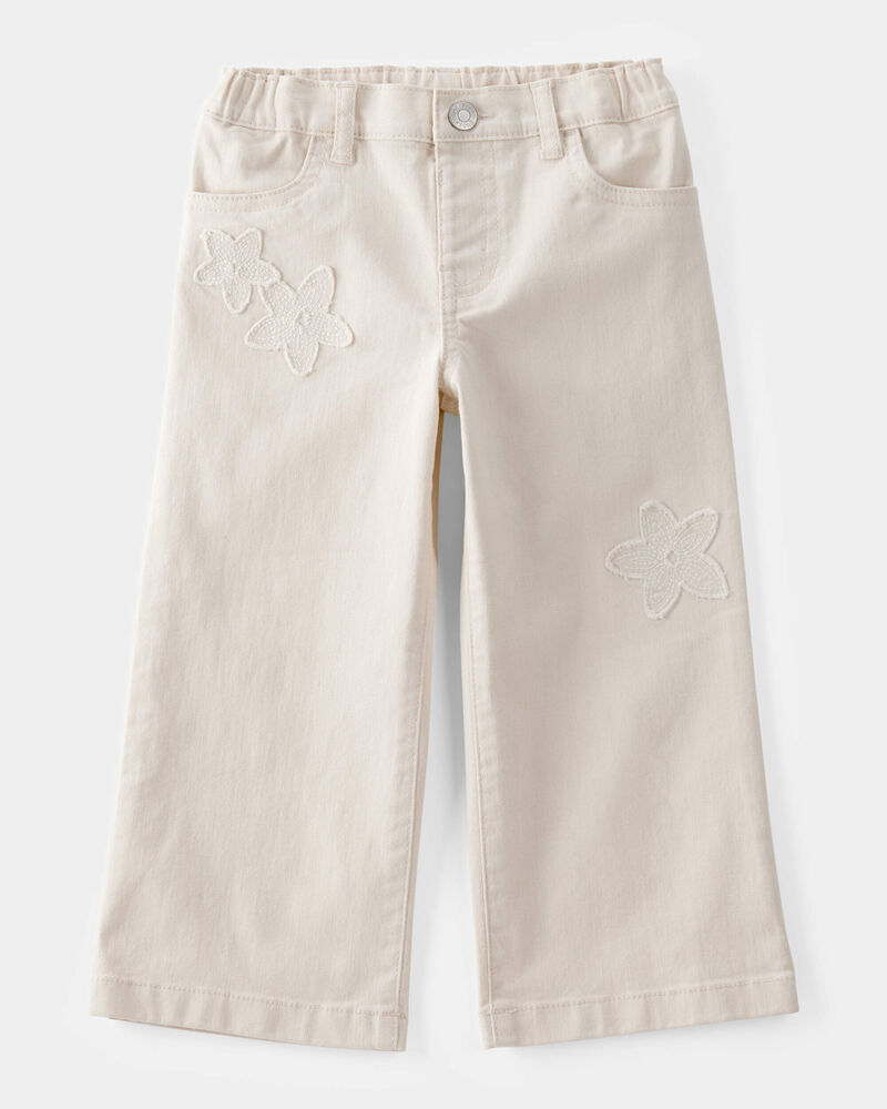 Toddler Embroidered Stretch Denim Wide Leg Jeans - Cream, image 1 of 7 slides