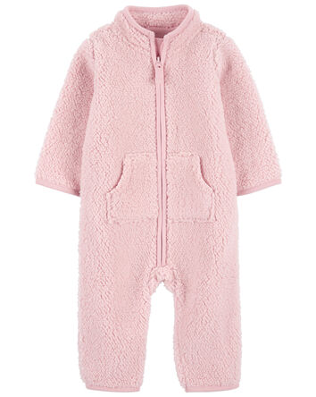 Baby Girl Teddy Fleece Long-Sleeve Jumpsuit - Pink, 