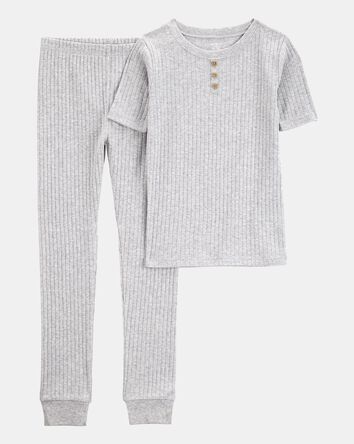 Kid Solid Ribbed Cotton Blend 2-Piece Pajamas - Grey, 