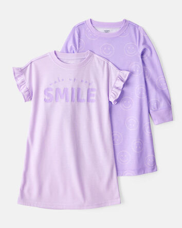 Girls 2-Pack Smiley Face Nightgowns - Purple, 