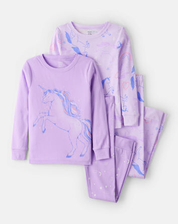 Girls Unicorn Print 100% Cotton Long-Sleeve 4-Piece Pajamas - Purple, 