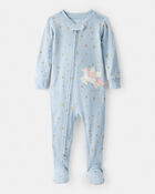 Baby Girl Unicorn Star Print 100% Cotton Long-Sleeve 2-Way Zip 1-Piece Pajamas - Blue, image 1 of 5 slides