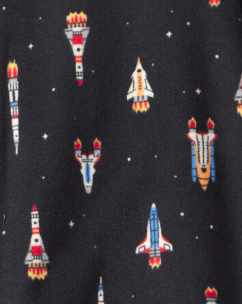 Boys Rocket Ship Print Fleece Long-Sleeve Loose Fit 1-Piece Pajamas - Black, 