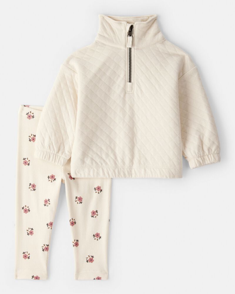 Baby Girl Quilted Quarter-Zip & Floral Legging Set - Cream, image 1 of 4 slides