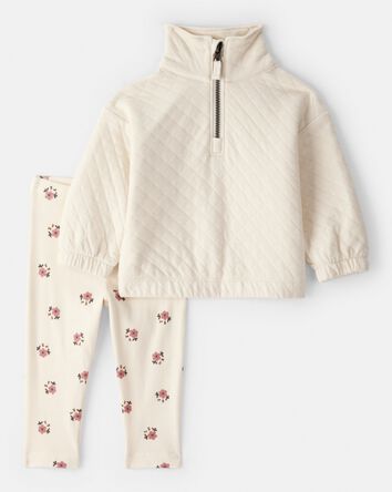 Baby Girl Quilted Quarter-Zip & Floral Legging Set - Cream, 