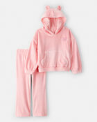 Toddler Girl Bear Velour Hoodie & Pant Set - Pink, image 1 of 5 slides