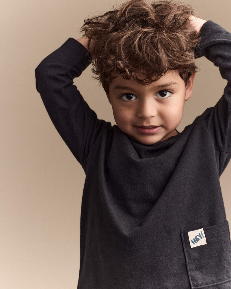 Toddler 'Hey' Long-Sleeve Pocket Tee - Black, image 1 of 6 slides