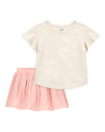 Toddler 2-Piece Butterfly Short-Sleeve Top & Crochet Skort Set - Pink/Ivory, 