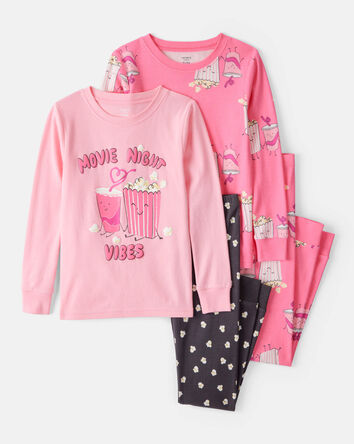 Girls Movie Print 100% Cotton Long-Sleeve 4-Piece Pajamas - Black/Pink, 