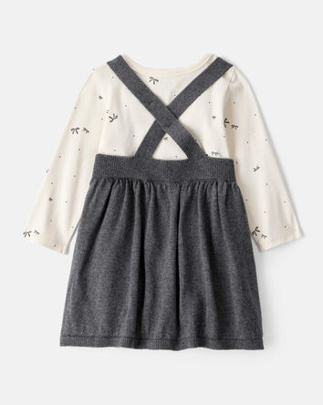 Baby Girl Bow Print Cotton Long-Sleeve Dress Set - Grey, 
