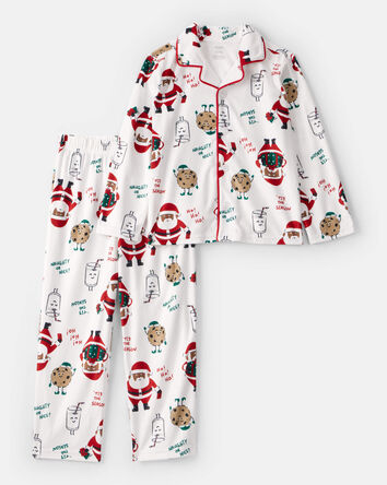 Kid Brown Santa Milk & Cookies Long-Sleeve Loose Fit 2-Piece Pajamas - White, 