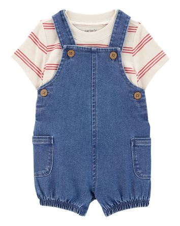 Baby Boy 2-Piece Striped Tee & Denim Shortall Set - Navy/Ivory, 
