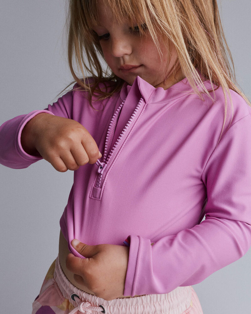 Toddler Girl Cropped Long-Sleeve Rashguard Set in Tropical Print - Purple/Rose, image 3 of 6 slides