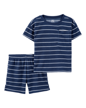 Toddler Boy Striped Loose Fit Waffle Knit 2-Piece Pajamas - Navy, 