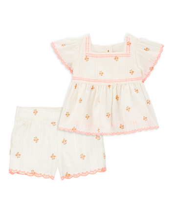 Baby 2-Piece Floral Flutter Sleeves Seesucker Top & Shorts Set, 