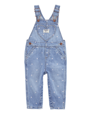 Baby Heart Print Denim Overalls - Blue, 