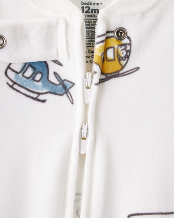 Baby Boy Helicopter Print DreamPlush Snug Fit Long-Sleeve 2-Way Zip 1-Piece Pajamas - White, 