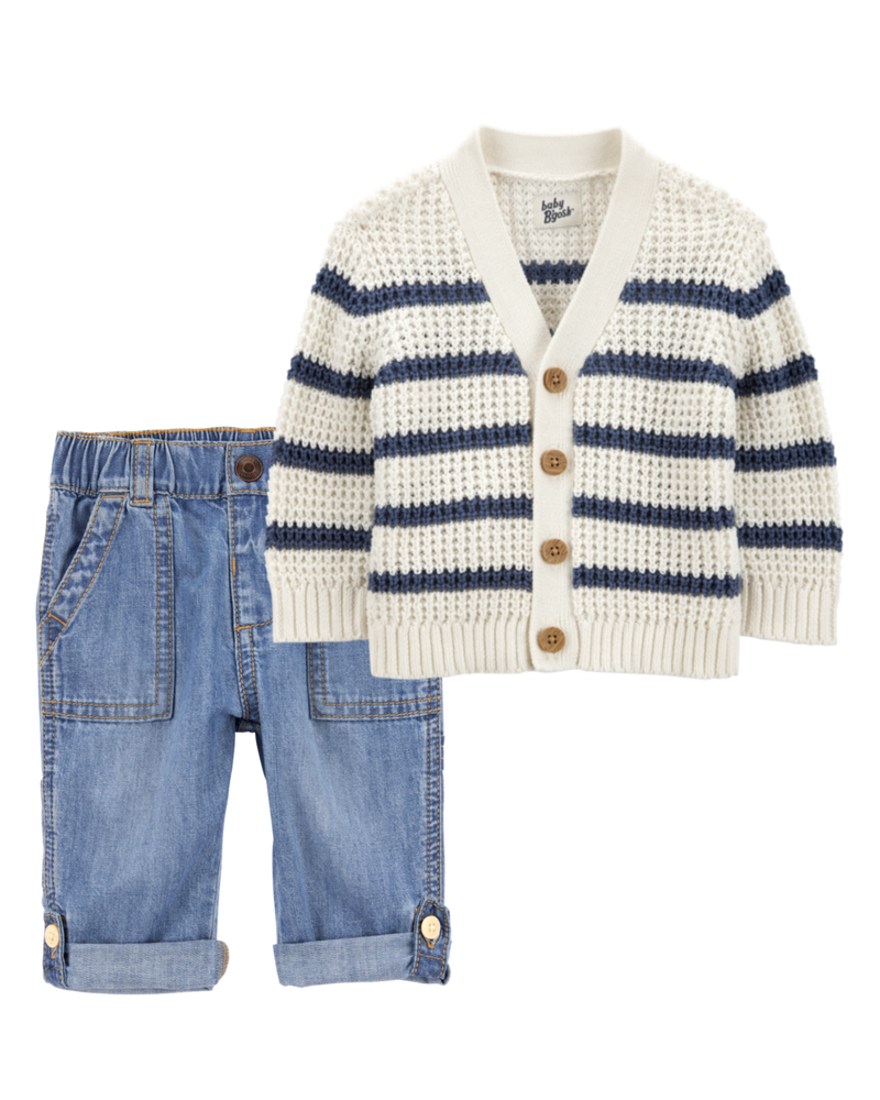 Baby 2-Piece Striped Sweater Knit Cardigan & Roll-Up Cuff Jeans Set, image 1 of 6 slides