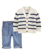 Baby 2-Piece Striped Sweater Knit Cardigan & Roll-Up Cuff Jeans Set, image 1 of 6 slides