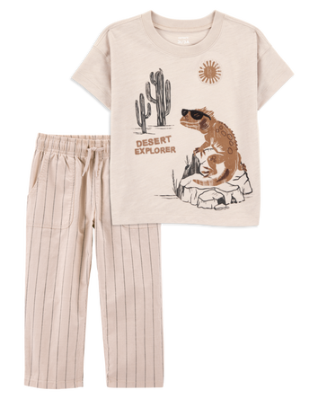 Baby 2-Piece Desert Lizard Graphic Tee & Striped Pants Set - Ivory/Tan, 