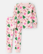 Baby Girl Pink Ornaments 100% Cotton Long-Sleeve Snug Fit 2-Piece Pajamas - Pink, image 1 of 3 slides