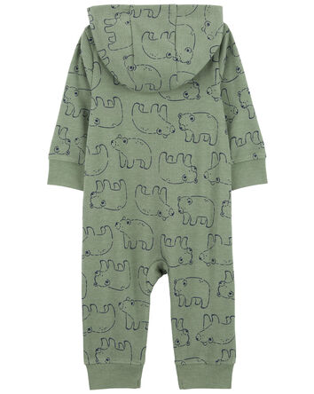 Baby Boy Bear-Print Hooded Long-Sleeve Jumpsuit - Green, 