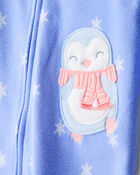 Baby Girl Penguin Fleece Long-Sleeve Loose Fit 1-Piece Pajamas - Blue, image 3 of 5 slides