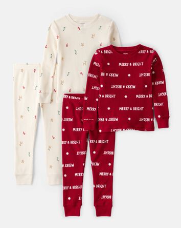 Toddler Christmas Cotton Snug Fit 4-Piece Pajamas - Red/White, 