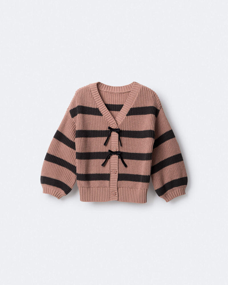 Toddler Girl Striped Puff-Sleeve Cardigan with Bows - Mocha Brown/Black, image 2 of 6 slides