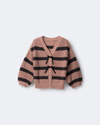 Toddler Girl Striped Puff-Sleeve Cardigan with Bows - Mocha Brown/Black, image 2 of 6 slides