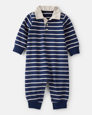 Baby Boy Cotton Long-Sleeve Polo Jumpsuit - Navy/White, 