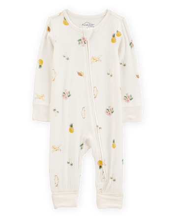 Baby Girl Tropical Print 2-Way Zip PurelySoft Convertible Foot Sleep & Play Pajamas - Ivory, 