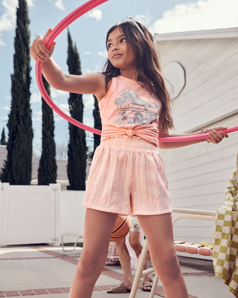 Kid 2-Piece Ruched Textured Tank & Pull-On Smocked Shorts Set - Pink, image 7 of 7 slides