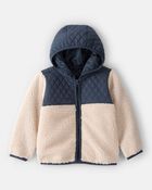 Toddler Boy Color Block Hooded Sherpa Zip-Up Jacket - Khaki/Navy, image 1 of 3 slides