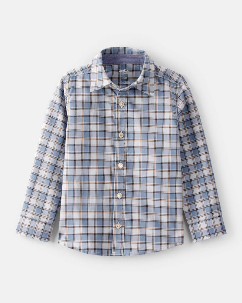 Toddler Boy Plaid Cotton Long-Sleeve Button-Down Shirt - Blue, image 1 of 4 slides